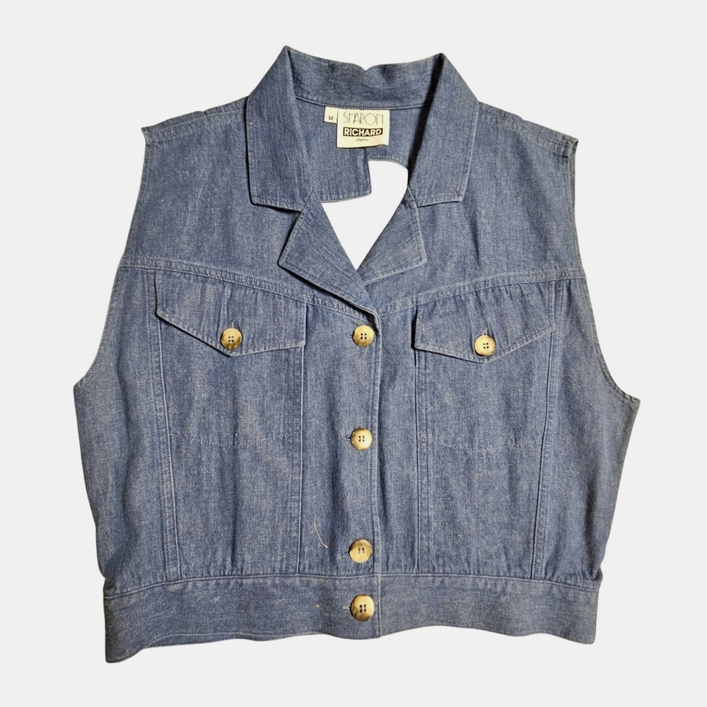 Vintage Sharon Richard Dallas Denim Vest M Cutout Back 80s 90s Western Cowgirl